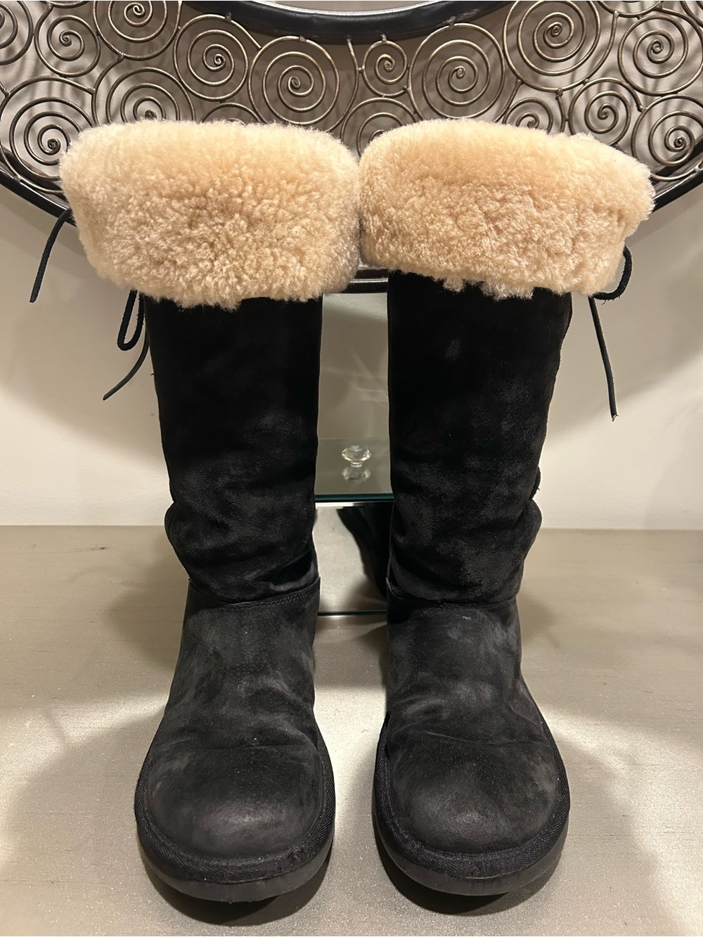 UGG Black Suede Lace-Up Boots with Shearling Cuff